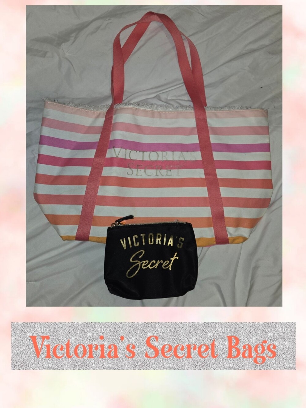 Victoria's Secret Striped Tote with Black Pouch